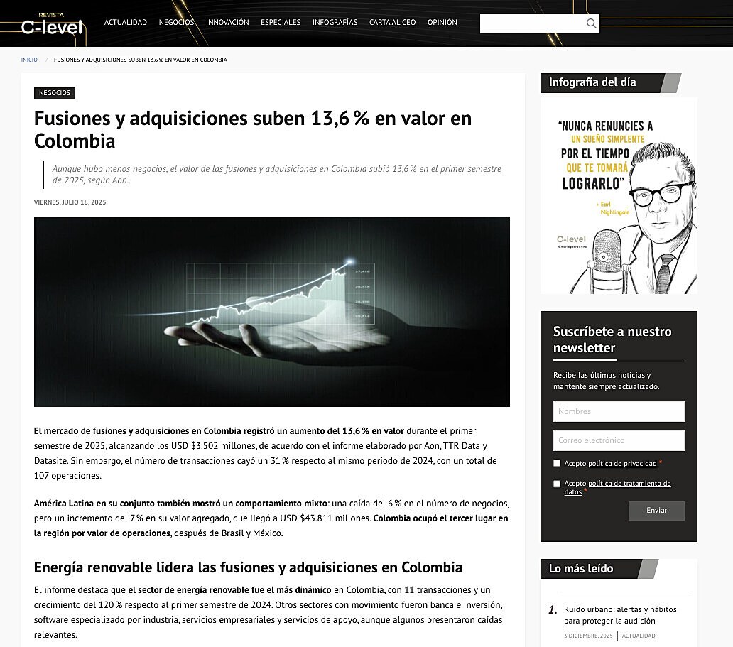 Fusiones y adquisiciones suben 13,6 % en valor en Colombia
